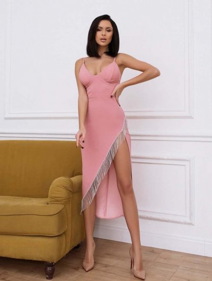 Длинное нарядное сексуальное розовое платье с бахромой из камней, фото 1