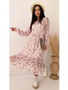 Цветочное розовое платье миди с длинным рукавом