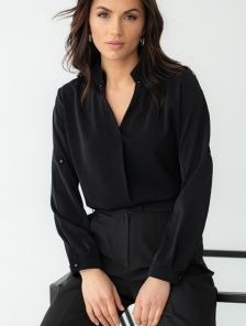 Черная шелковая блуза на длинный рукав для офиса