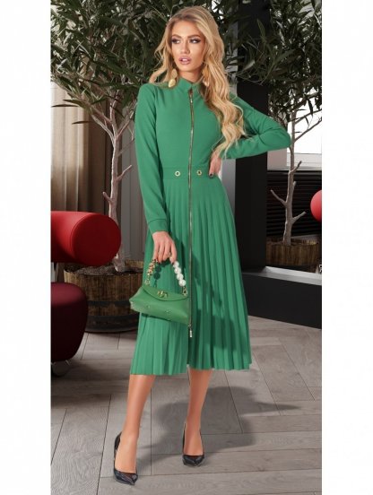 Зеленое платье плиссе на длинный рукав, фото 1