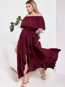 Бордовое длинное летнее платье большого размера с воланом и оборкой