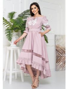 Модное розовое платье миди длины с вставками кружева и сетки