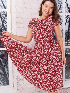 Штапельное красное натуральное платье с цветочным принтом