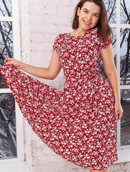 Штапельное красное натуральное платье с цветочным принтом, фото 1