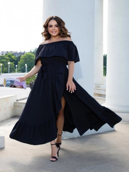 Черное длинное летнее платье большого размера с воланом и оборкой, фото 1