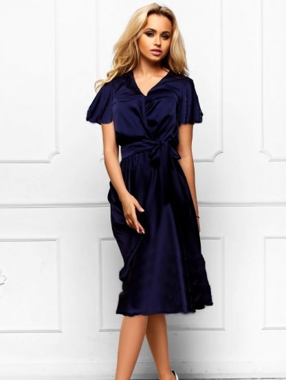 Вечернее шелковое синее платье с коротким рукавом, фото 1