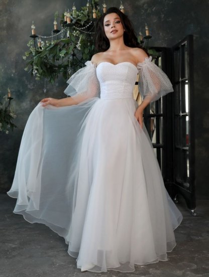 Свадебное нарядное белое платье в пол со сьемными рукавами, фото 1