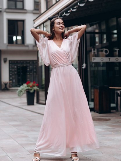 Нарядное розовое блестящее платье в пол, фото 1