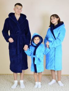Синий домашний теплый халат с поясом и карманом