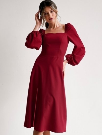 Классическое платье с квадратным вырезом на длинный рукав цвета марсала, фото 1