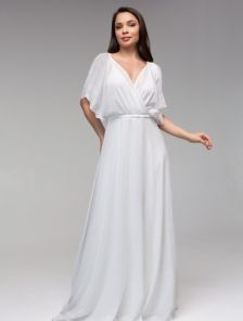 Нарядное блестящее шифоновое белое длинное платье
