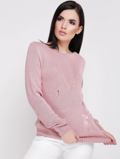 Женский теплый свитер с оригинальными потертостями розового цвета, фото 1