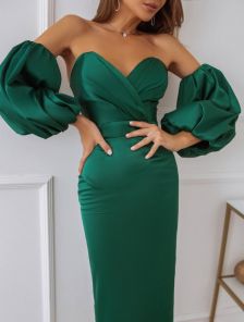 Зеленое платье футляр миди длины с пышными рукавами