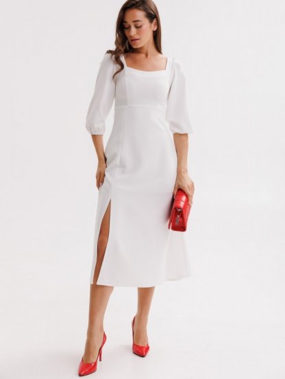 Элегантное белое коктейльное платье с квадратным вырезом и разрезом — идеально подходит для помолвок, выпускных и свадебных фотосессий, фото 1