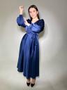 Нарядное синее шелковое платье миди на длинный рукав, фото 2