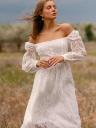 Изысканное белое платье-миди с цветочным принтом: квадратный вырез А-силуэт и длинные рукава-фонарики для помолвочных фотографий и вечеринок, фото 6