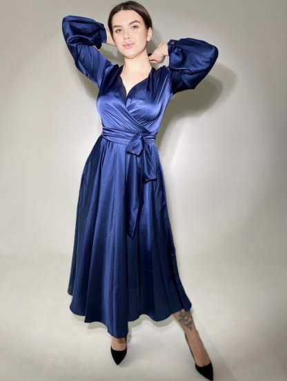 Нарядное синее шелковое платье миди на длинный рукав, фото 1
