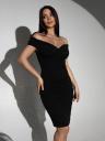 Черное приталенное слегка блестящее платье футляр с открытыми плечами, фото 3