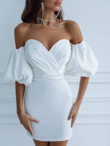Сексуальное маленькое белое коктейльное платье: элегантное платье-футляр с пышными рукавами для летней вечеринки