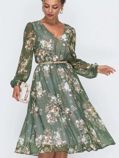Легкое весеннее шифоновое платье цвета хаки в цветочный принт, фото 1