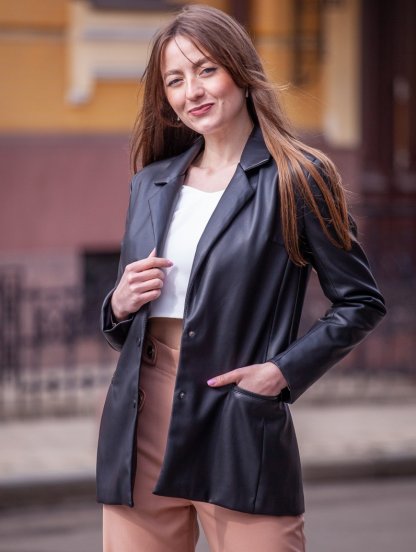 Свободный женский черный пиджак из экокожи, фото 1