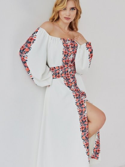 Потрясающее белое платье-миди с открытыми плечами, квадратным вырезом и натуральной линией талии, фото 1