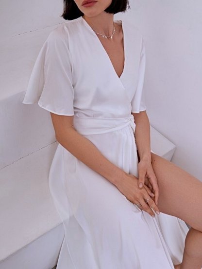 Нарядное шелковое белое платье в пол, юбка-солнце с разрезом, фото 1