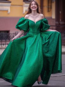 Изумрудное светло-зеленое платье в пол с рукавом Буфф 