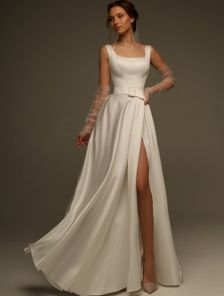 Летнее свадебное платье для невесты | Платье макси в пол со съемным широким поясом |Летнее платье для женщин со стильным разрезом сбоку | Незабываемое