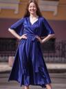 Элегантное синее шелковое вечернее платье миди с v-образным вырезом - трапеция с запахом и короткими рукавами-бабочками, фото 4