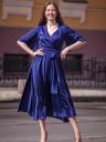 Элегантное синее шелковое вечернее платье миди с v-образным вырезом - трапеция с запахом и короткими рукавами-бабочками, фото 5