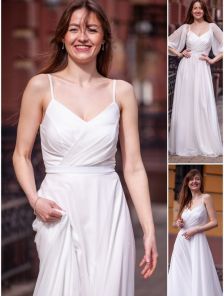 Длинное блестящее белое платье с съемными рукавами