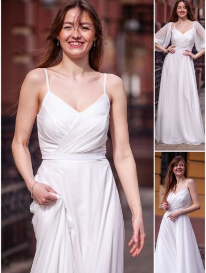 Длинное мерцающее шифоновое белое платье с съмными рукавами, фото 1