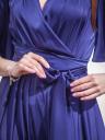Элегантное синее шелковое вечернее платье миди с v-образным вырезом - трапеция с запахом и короткими рукавами-бабочками, фото 12