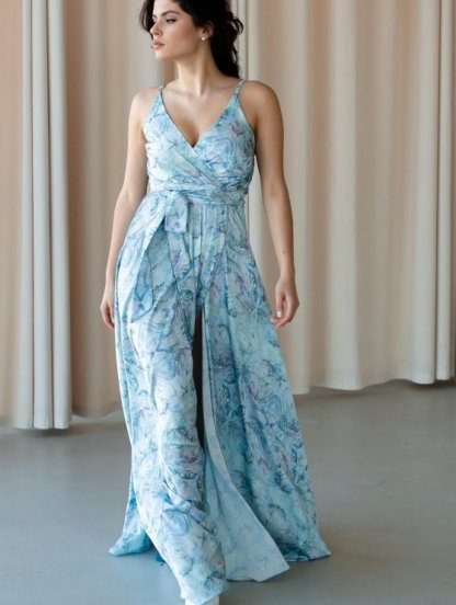 Голубое шелковое платье макси с запахом и разрезом для летних вечеринок, фото 1