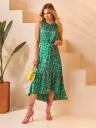 Повседневное зеленое шелковое длинное платье с воланом, фото 3