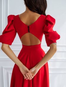 Идеальное платье для выпускного вечера в ярко-красном цвете, длина миди, трапеция | Открытое летнее платье с короткими рукавами и круглым вырезом | кр