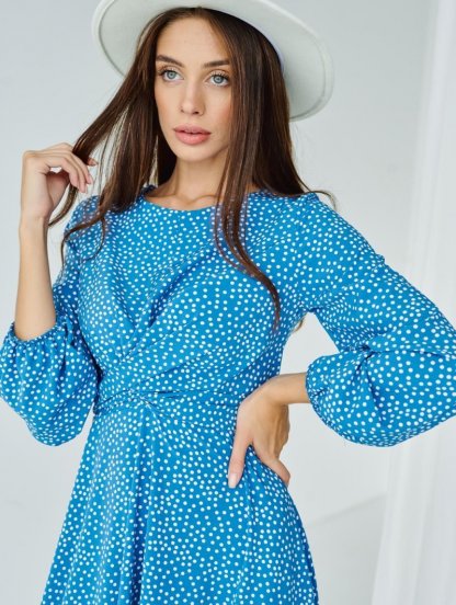 Стильное голубое платье миди длины в мелкий горошек на длинный рукав, фото 1