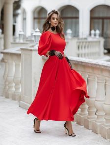 Идеальное платье для выпускного вечера в ярко-красном цвете, длина миди, трапеция | Открытое летнее платье с короткими рукавами и круглым вырезом | кр