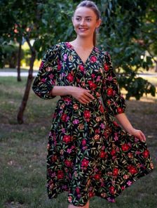 Осеннее платье-миди с цветочным принтом: повседневная расклешенная юбка-трапеция с рукавами 3/4 для свадебных гостей