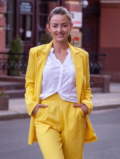 Летний женский льнянной костюм желтого цвета, фото 1