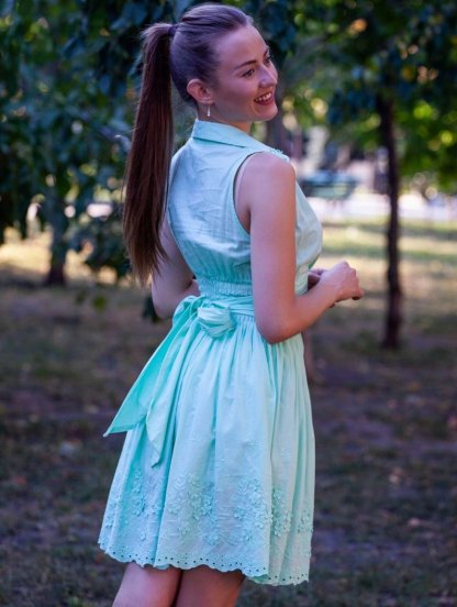 Летнее хлопковое бирюзовое платье без рукавов с поясом, фото 1