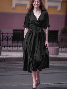 Вечернее шелковое черное платье с коротким рукавом