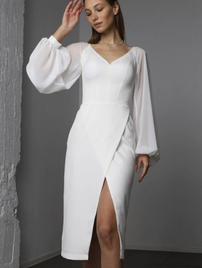 Белое нарядное вечернее платье с шифоновыми рукавами, фото 1