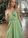 Шелковое зеленое платье миди с запахом на груди в горошек, фото 2