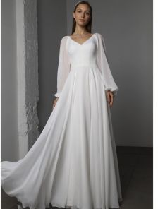 Шикарное шифоновое платье макси с V-образным вырезом белого цвета и длинными рукавами-буфами — идеально для любого сезона