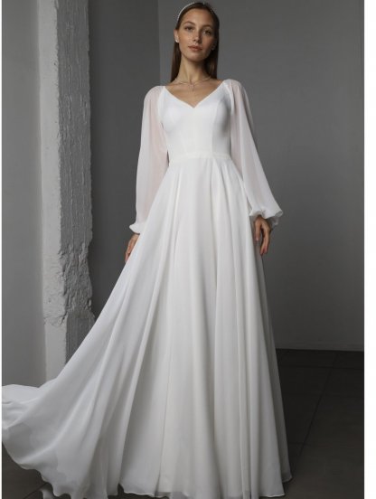 Шикарное шифоновое платье макси с V-образным вырезом белого цвета и длинными рукавами-буфами — идеально для любого сезона, фото 1