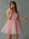 Пастельно-розовое пудровое платье:короткое платье с квадратным вырезом и рукавами-фонариками для выпускного,дня рождения ,вечеринки, фото 4