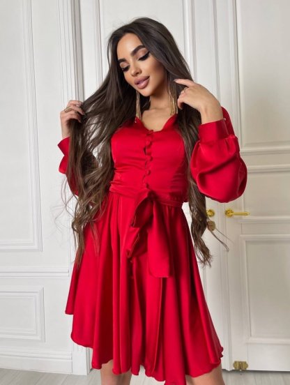 Элегантное шикарное красное шелковое мини-платье с длинными рукавами, фото 1