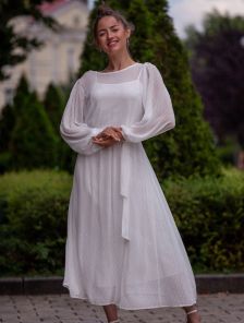 Белое коктейльное платье в горошек: элегантное миди-трапеция со съемным поясом для дней рождения и выпускных вечеров